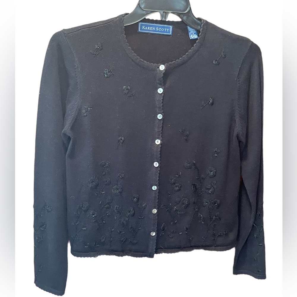 Karen Scott Black Embroidered‎ Cardigan Sweater with beading, size medium
